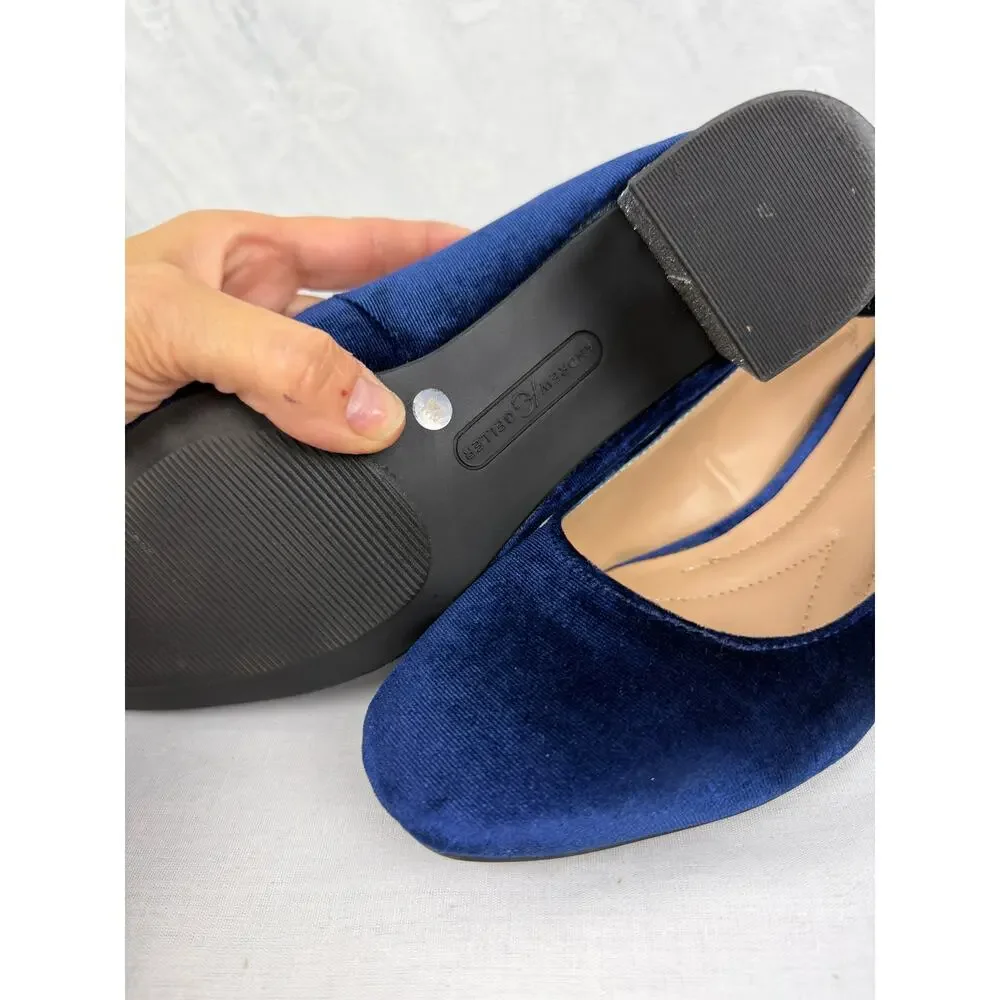 Andrew Geller Navy Velvet Mary Jane Pumps Sparkle Block Heel Size 8.5